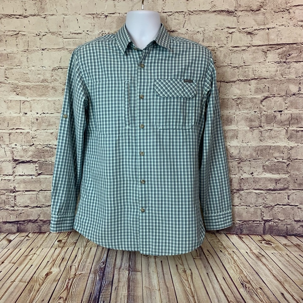 Eddie Bauer Blue Check Button Roll Tab Sleeve Shirt